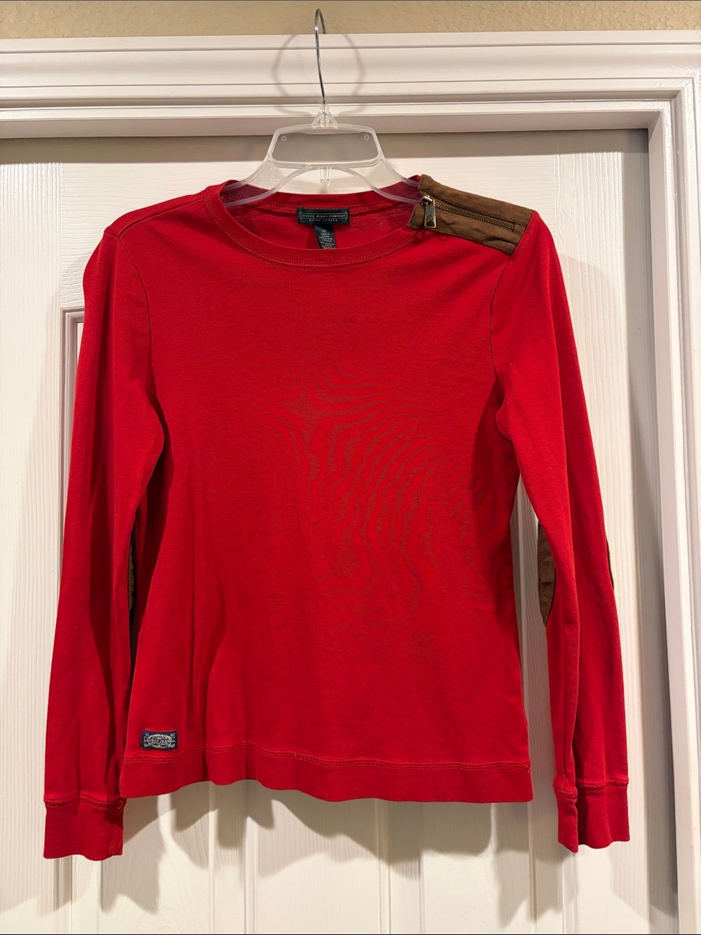 Ralph Lauren Red Long Sleeve Top Brown Shoulder Accent like new size M